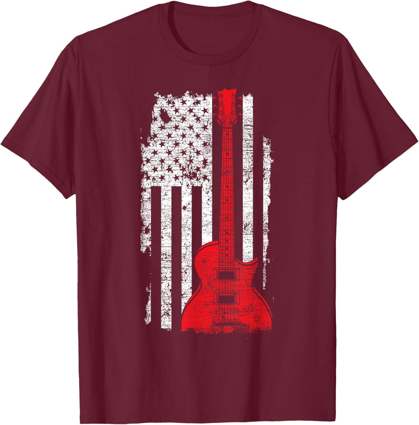 America Guitarist Music USA Flag Guitar T-Shirt - T-Shirt | Maroon