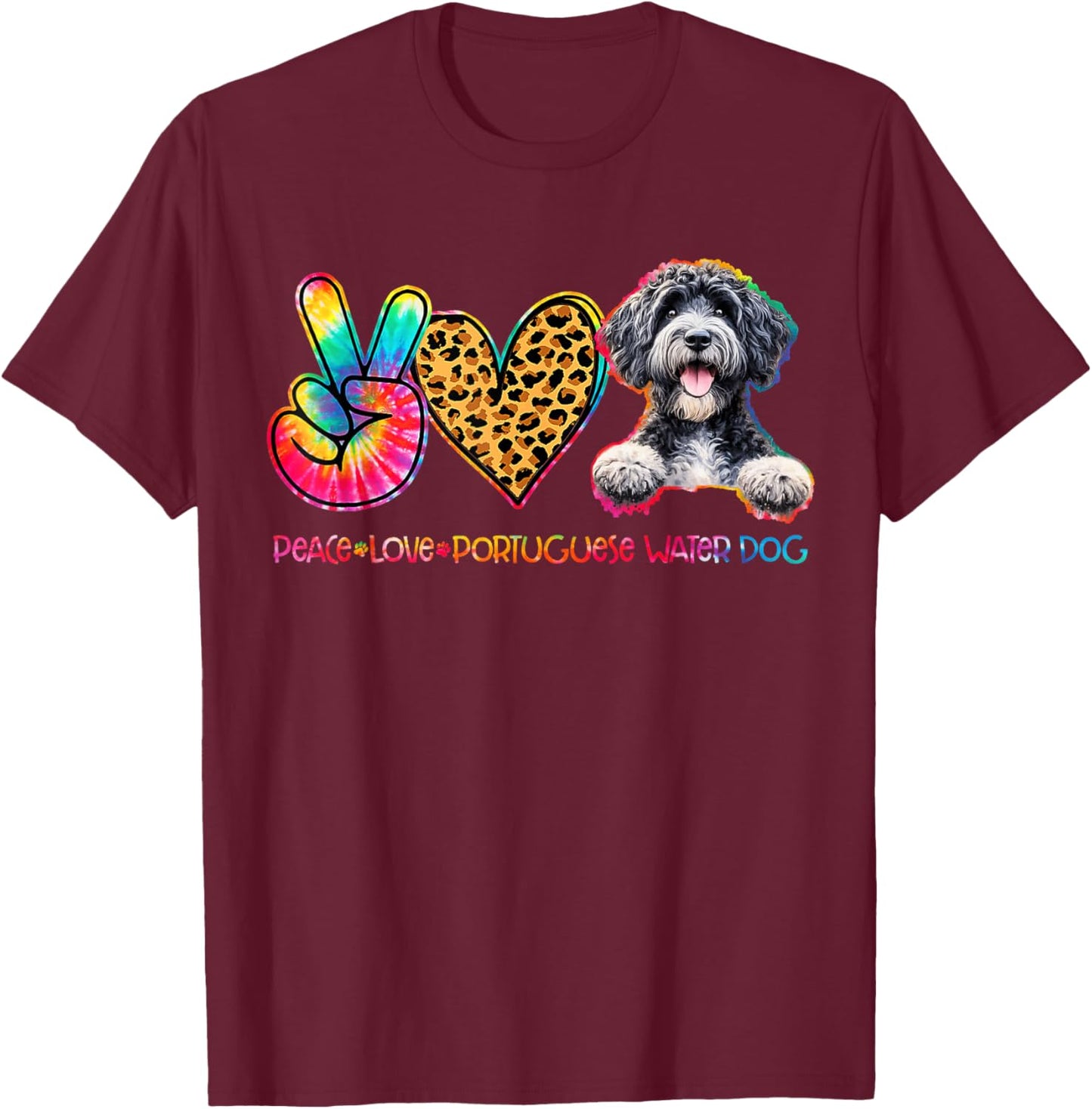 Peace Love Portuguese Water Dog Tie Dye Dog Lover T-Shirt - T-Shirt | Maroon