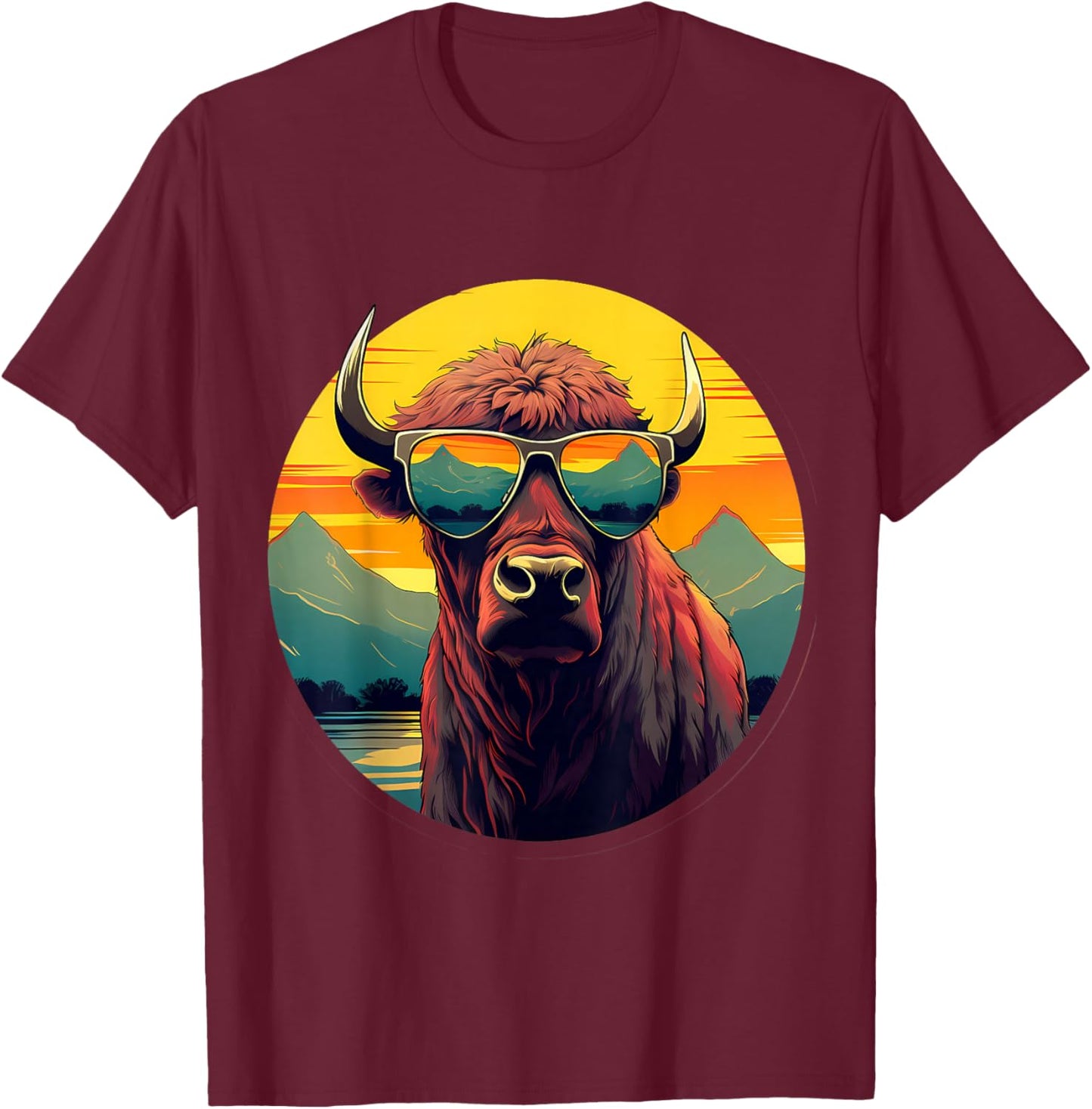 Buffalo Sunglasses Colorful Portrait Animal Art Safari Bison T-Shirt - T-Shirt | Maroon