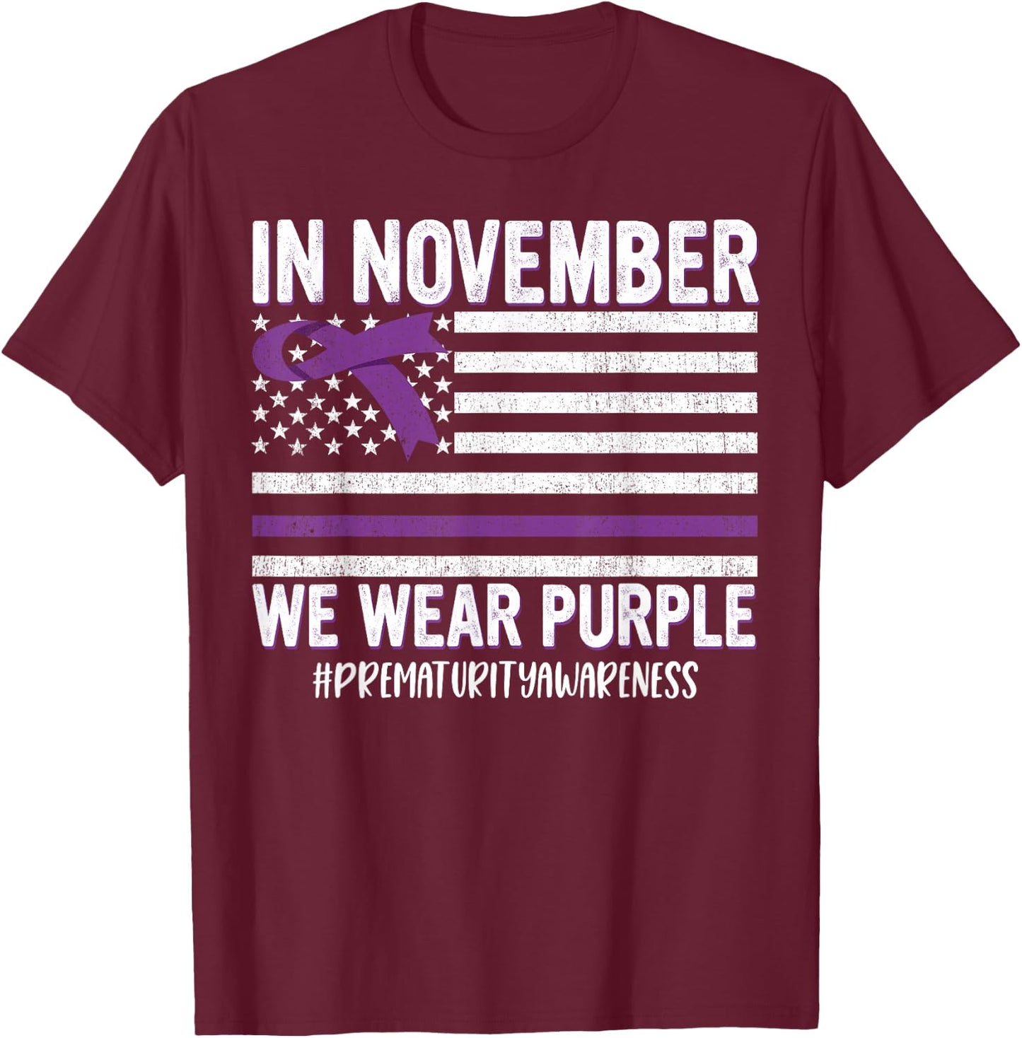 Prematurity Awareness Ribbon USA Flag T-Shirt - T-Shirt | Maroon