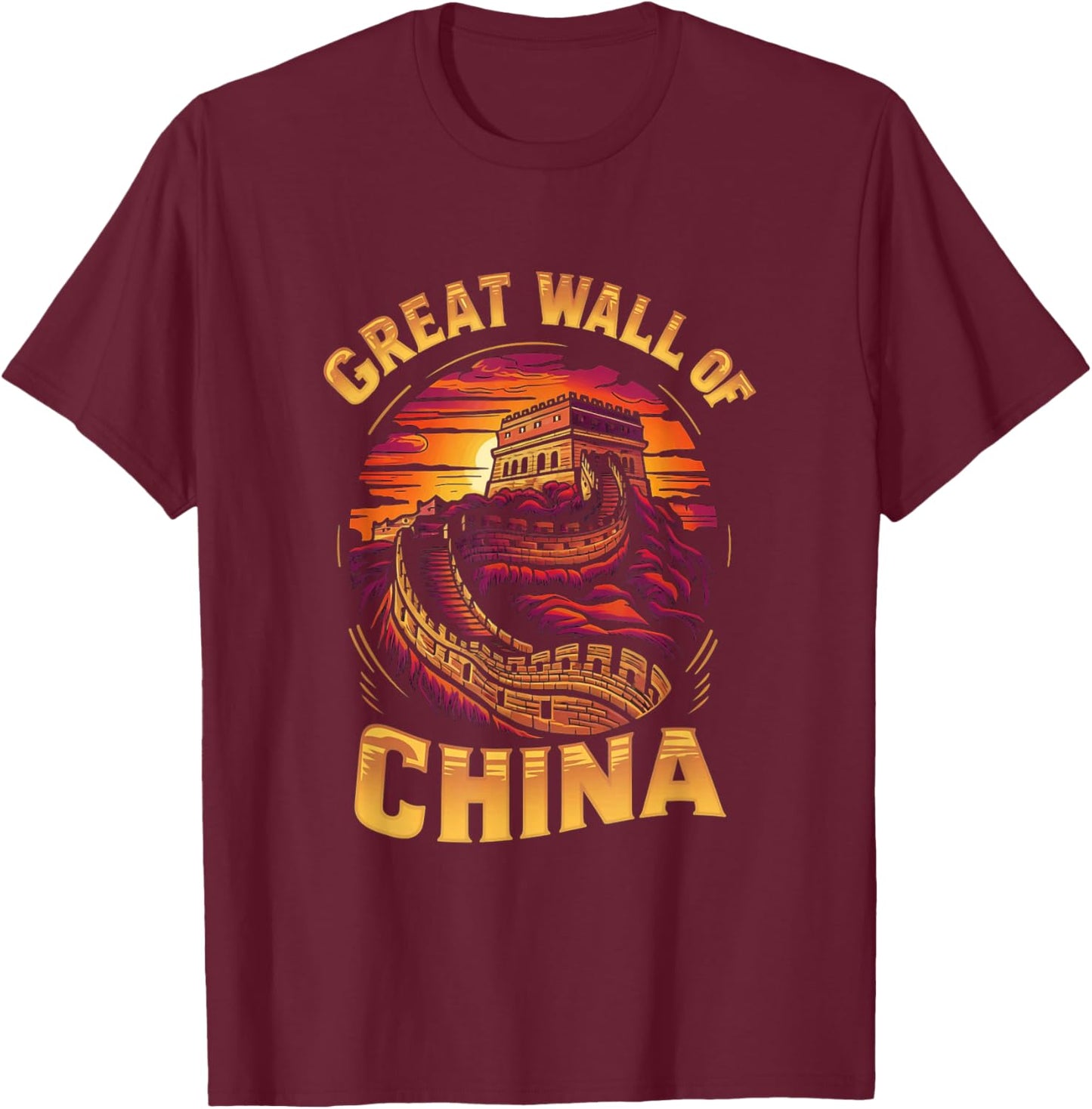 Great Wall of China Historic Landmark Sunset T-Shirt - T-Shirt | Maroon