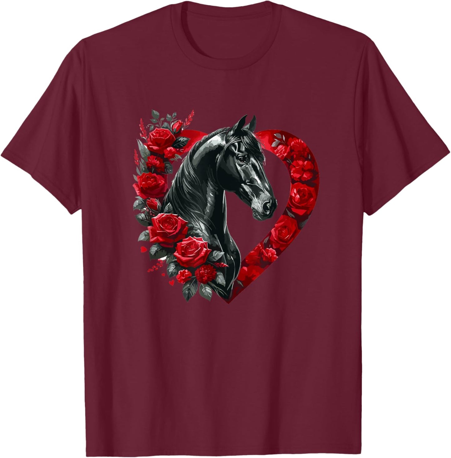 My Horse Is My Valentine A Black Horse with Roses and Hearts T-Shirt - T-Shirt | Maroon