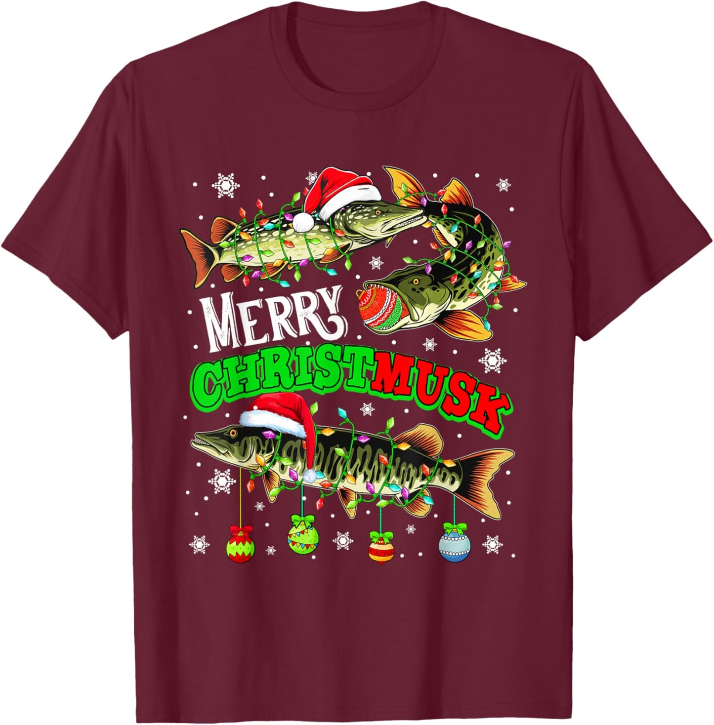 Merry Christmas Musky Three Santa Muskies Fisher Fishing T-Shirt - T-Shirt | Maroon
