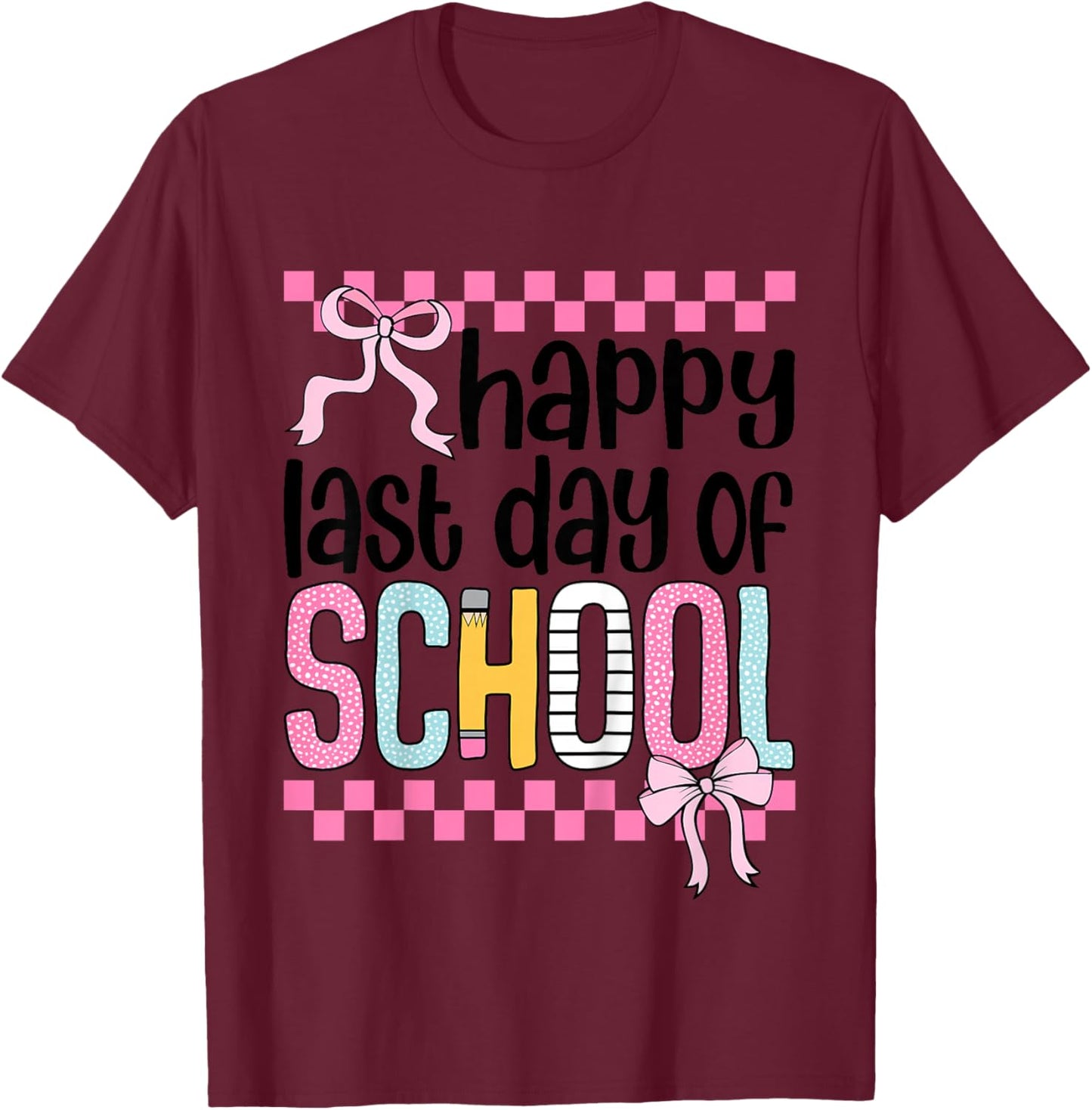 Happy Last Day of School Girls Coquette Bow Hello Summer T-Shirt - T-Shirt | Maroon