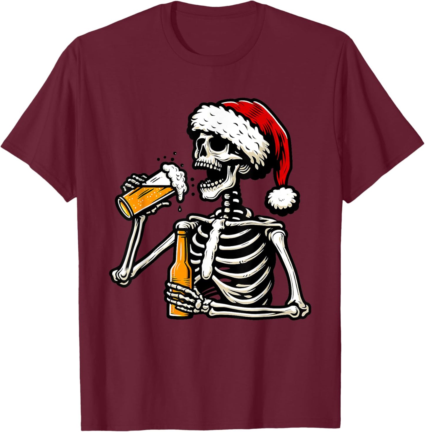 Christmas Santa Skull Skeleton Beer Drinking Drinker T-Shirt - T-Shirt | Maroon