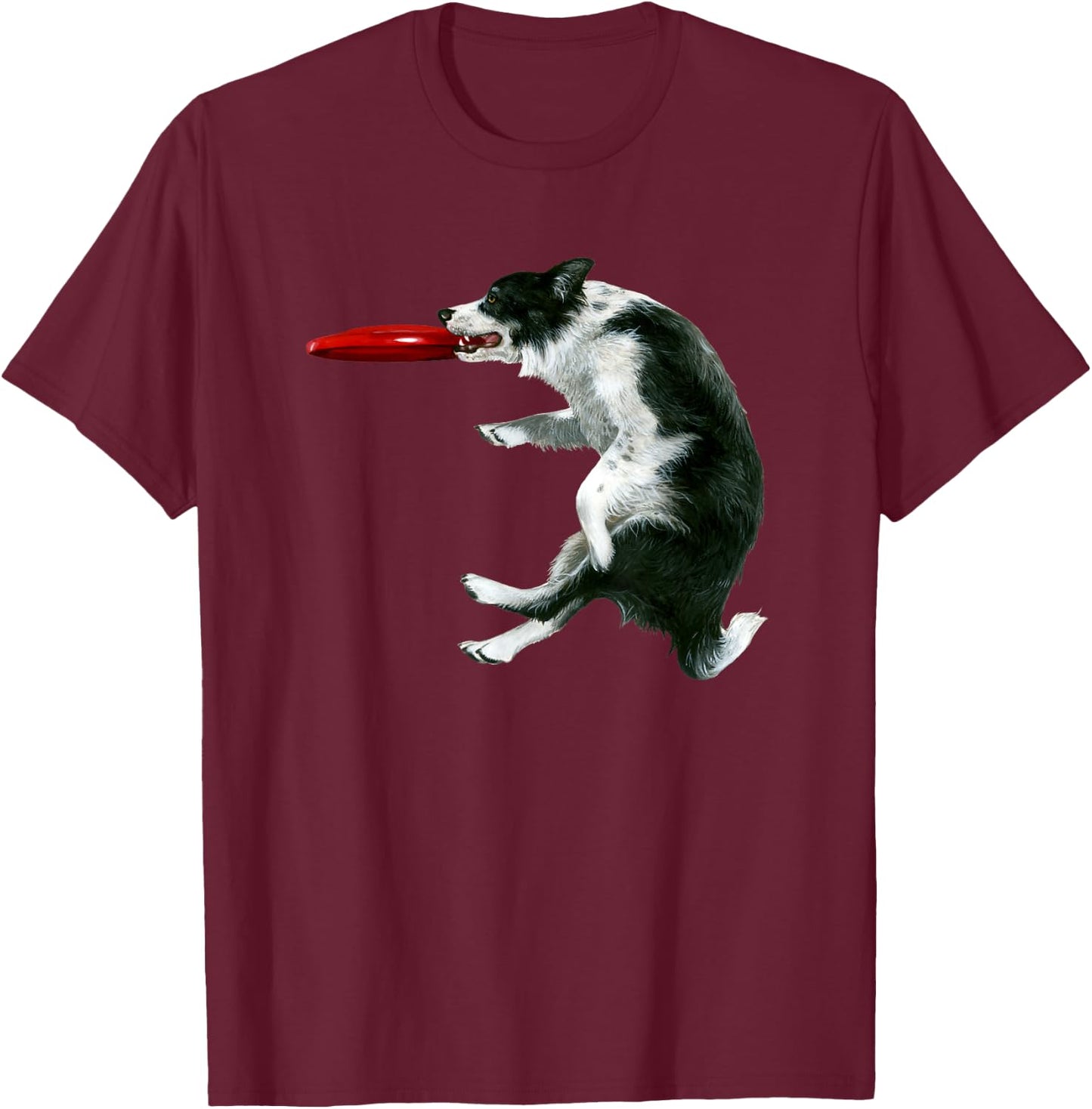 Border Collie Frisbee Graphic Sheepdog Print T-Shirt - T-Shirt | Maroon
