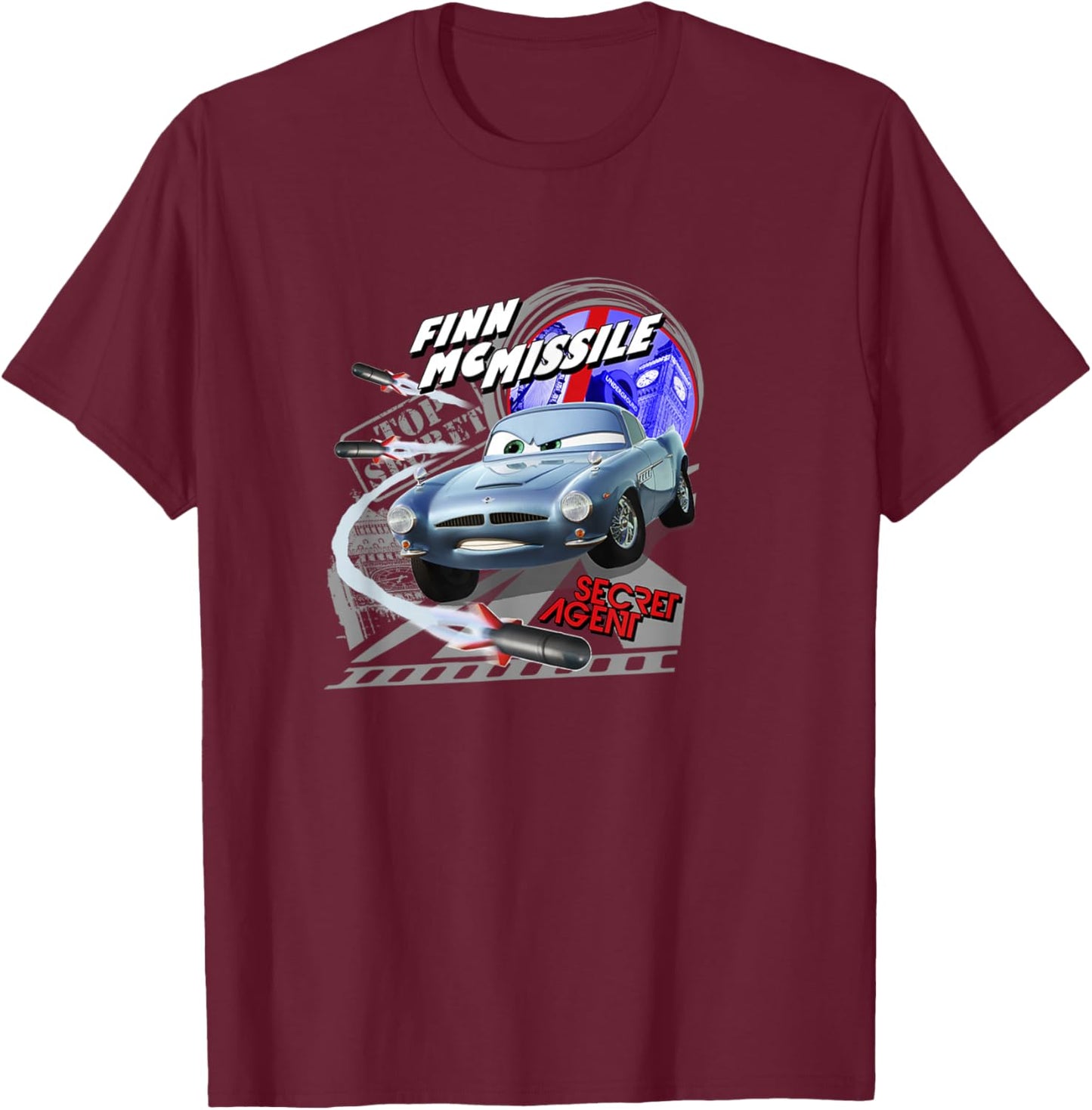 Disney Pixar Cars 2 Finn McMissile Secret Agent Poster T-Shirt - T-Shirt | Maroon