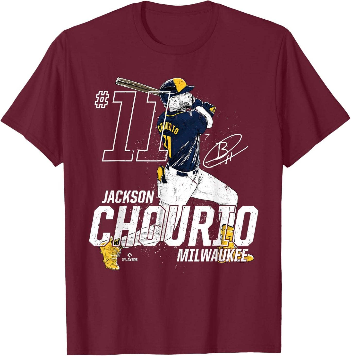 Dynamic Pose Jackson Chourio Milwaukee Baseball MLBPA T-Shirt - T-Shirt | Maroon