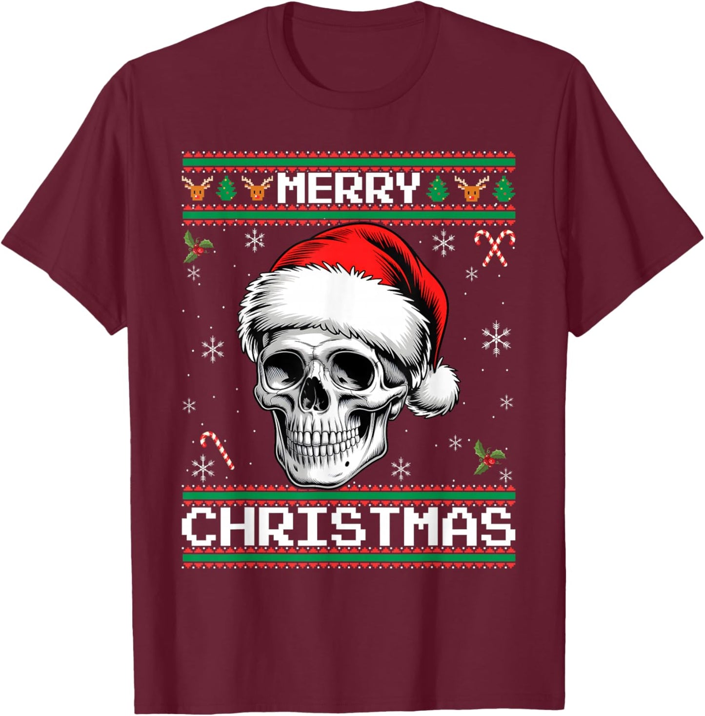 Gothic Christmas, Ugly Sweater Goth Skull Christmas T-Shirt - T-Shirt | Maroon