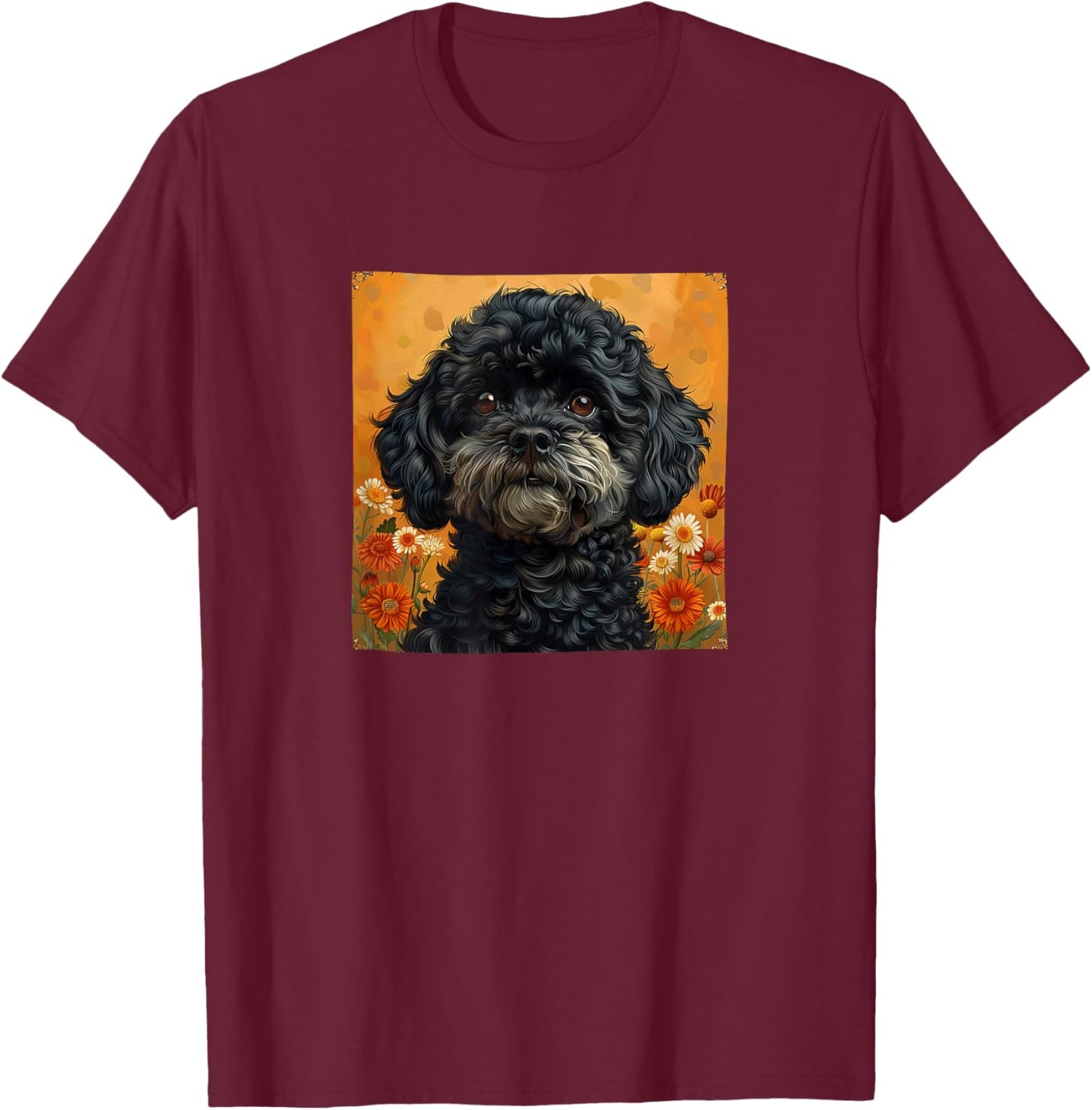 Black Poodle With Flowers Around Boho Style Graphic T-Shirt - T-Shirt | Maroon