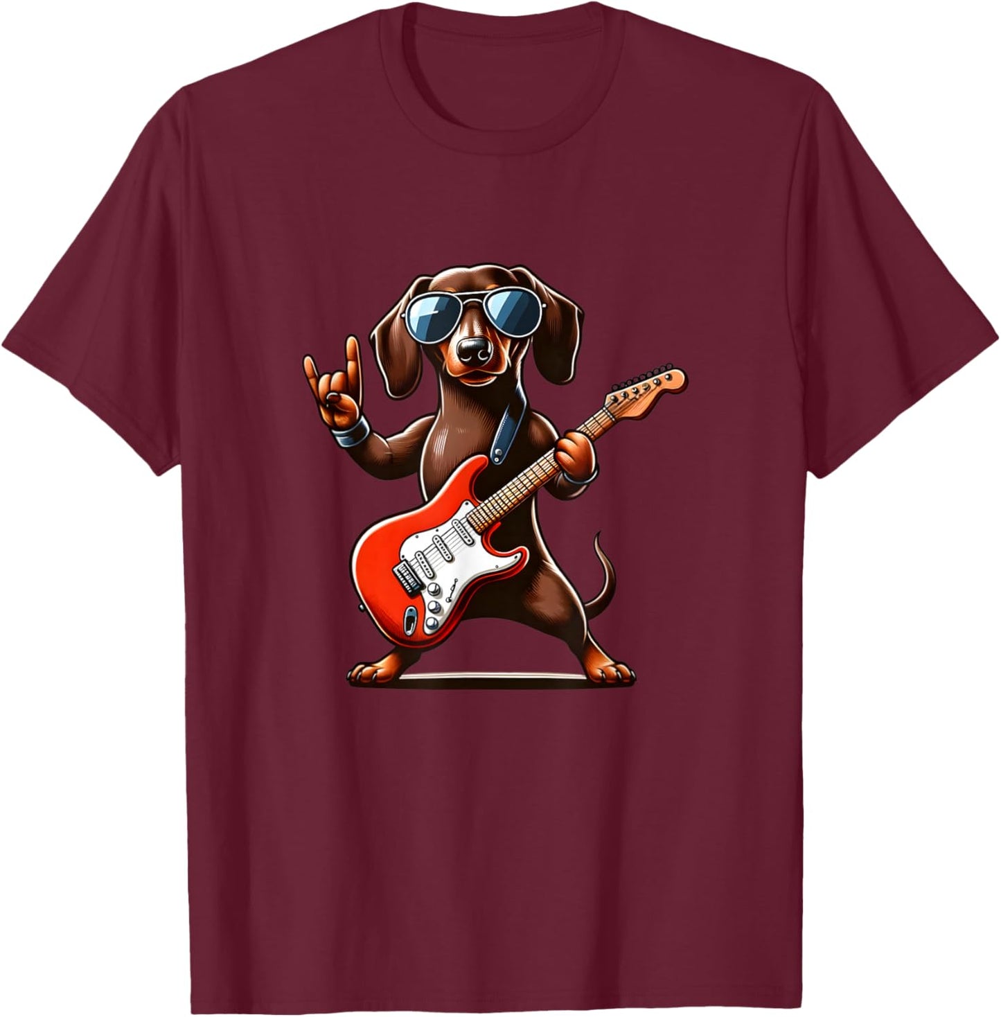 Funny Dachshund Dog Playing Guitar Dachshund Lover Guitarist T-Shirt - T-Shirt | Maroon