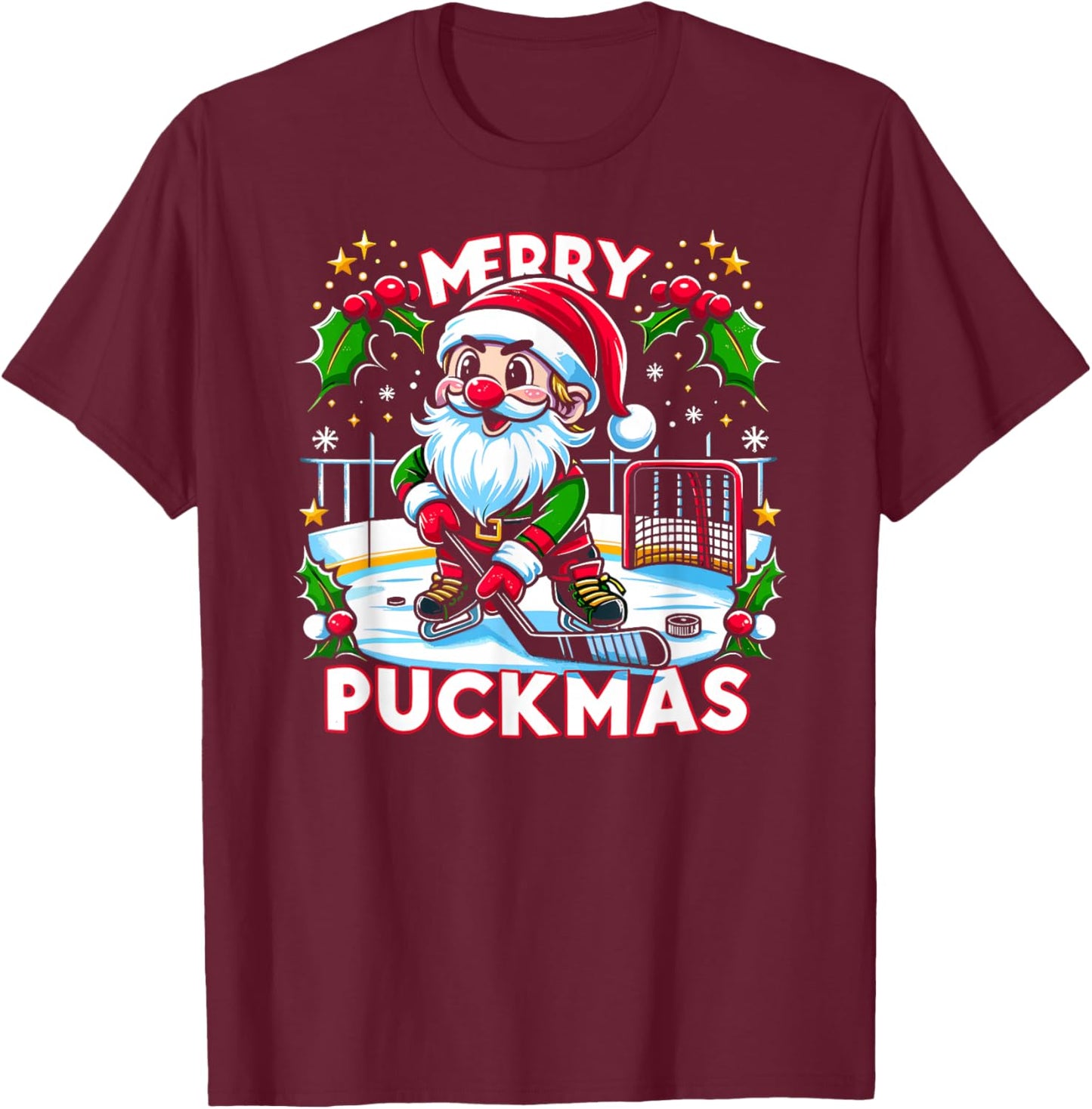 Ice Hockey Gnome, Merry Puckmas, Icehockey Player Christmas T-Shirt - T-Shirt | Maroon