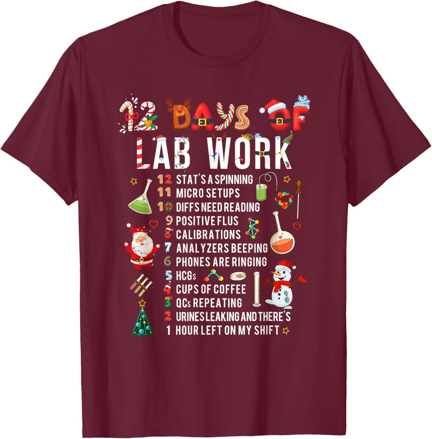 12 Days Of Lab Work Christmas Medical Laboratory Scientist T-Shirt - T-Shirt | Maroon