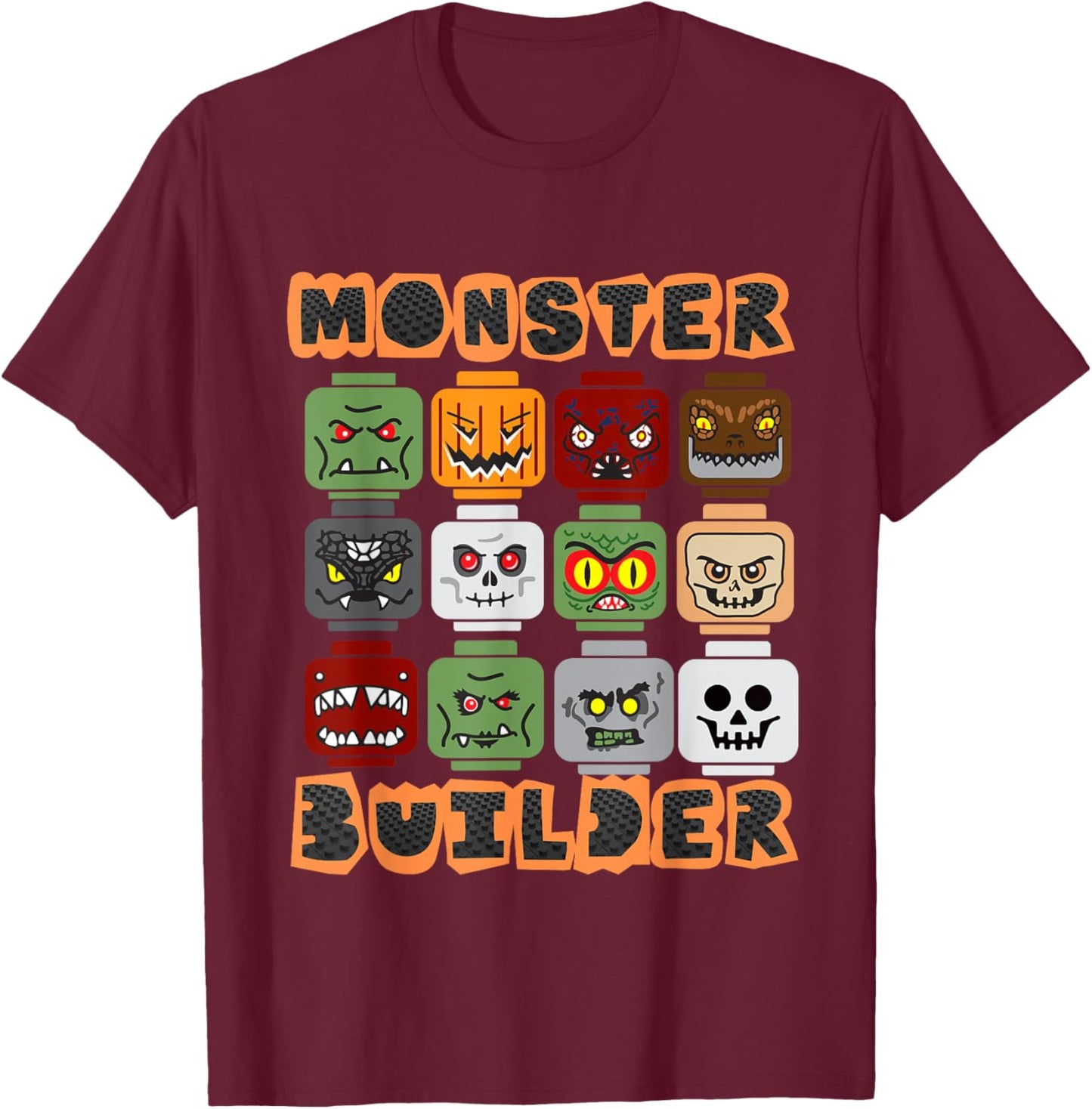 Halloween Building Bricks Monster Builder Brick Head Funny T-Shirt - T-Shirt | Maroon