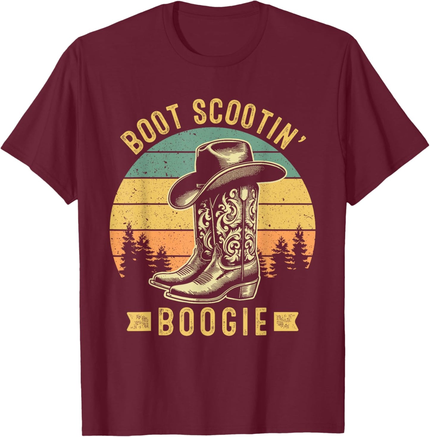 Boot Scootin’ Boogie Retro Vintage Western Cowboys T-Shirt - T-Shirt | Maroon