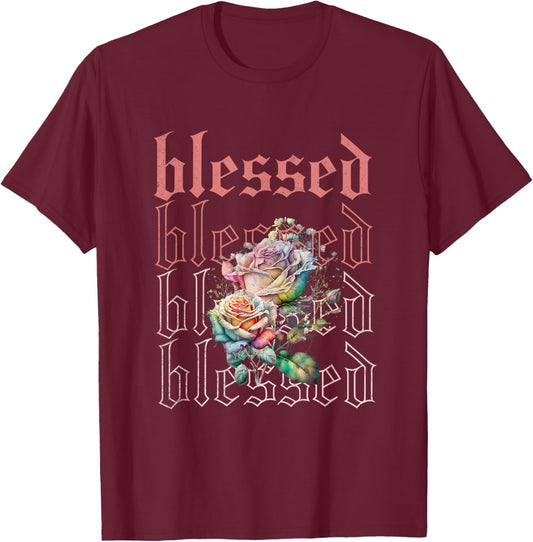 Christian Streetwear Blessed, Simple Christian Roses T-Shirt - T-Shirt | Maroon
