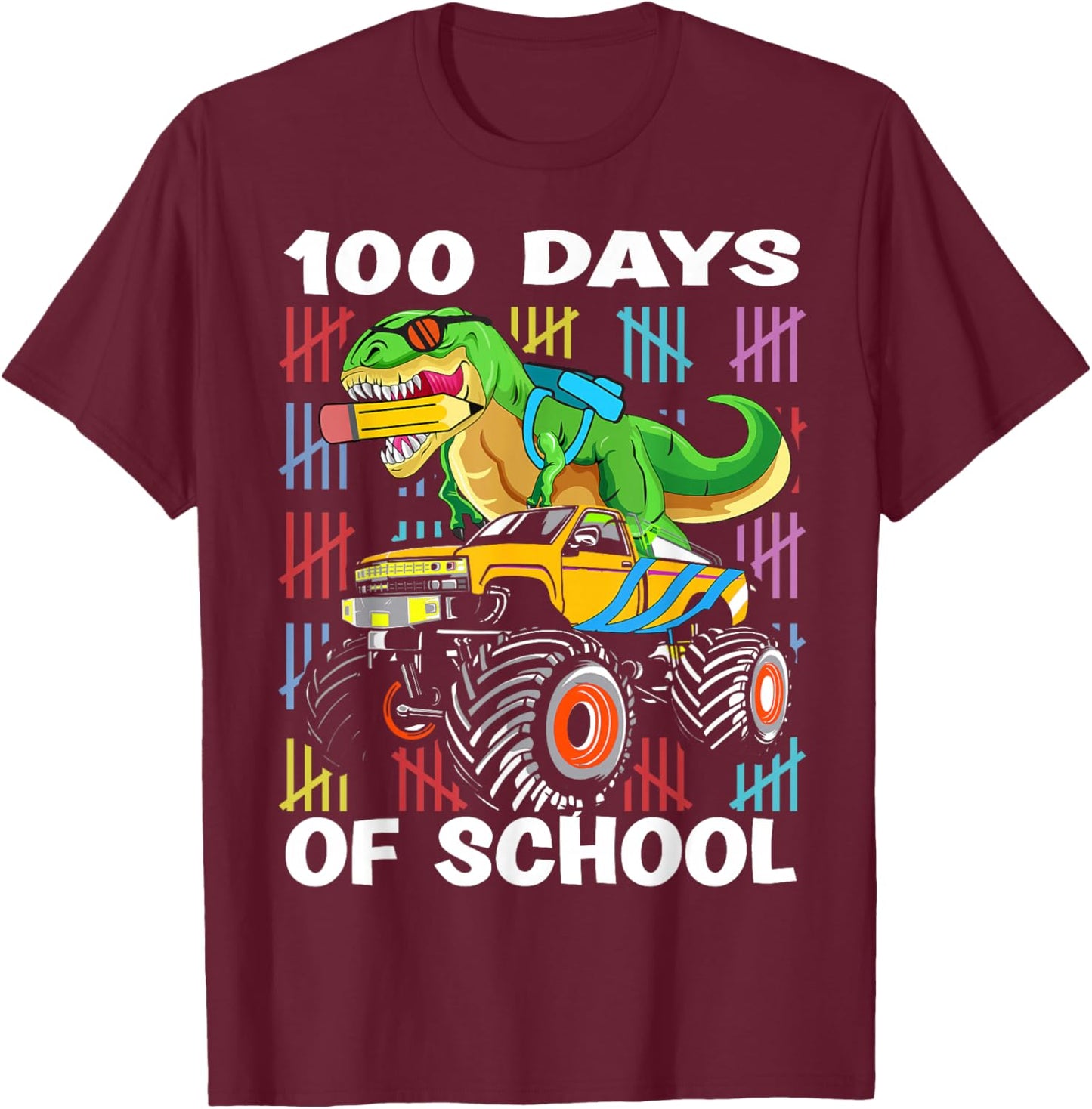 100th Day of School 100 Days School Truck Dinosaur Boys Kids T-Shirt - T-Shirt | Maroon