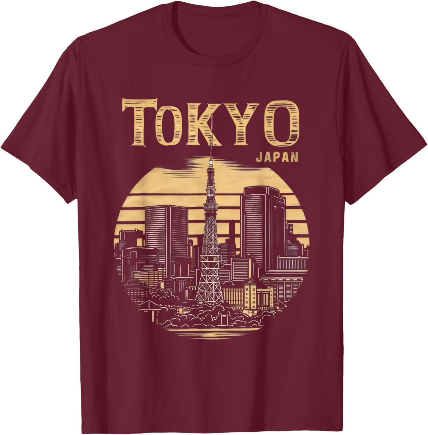 Tokyo Skyline Tower Woodblock Japanese Style Art Japan T-Shirt - T-Shirt | Maroon