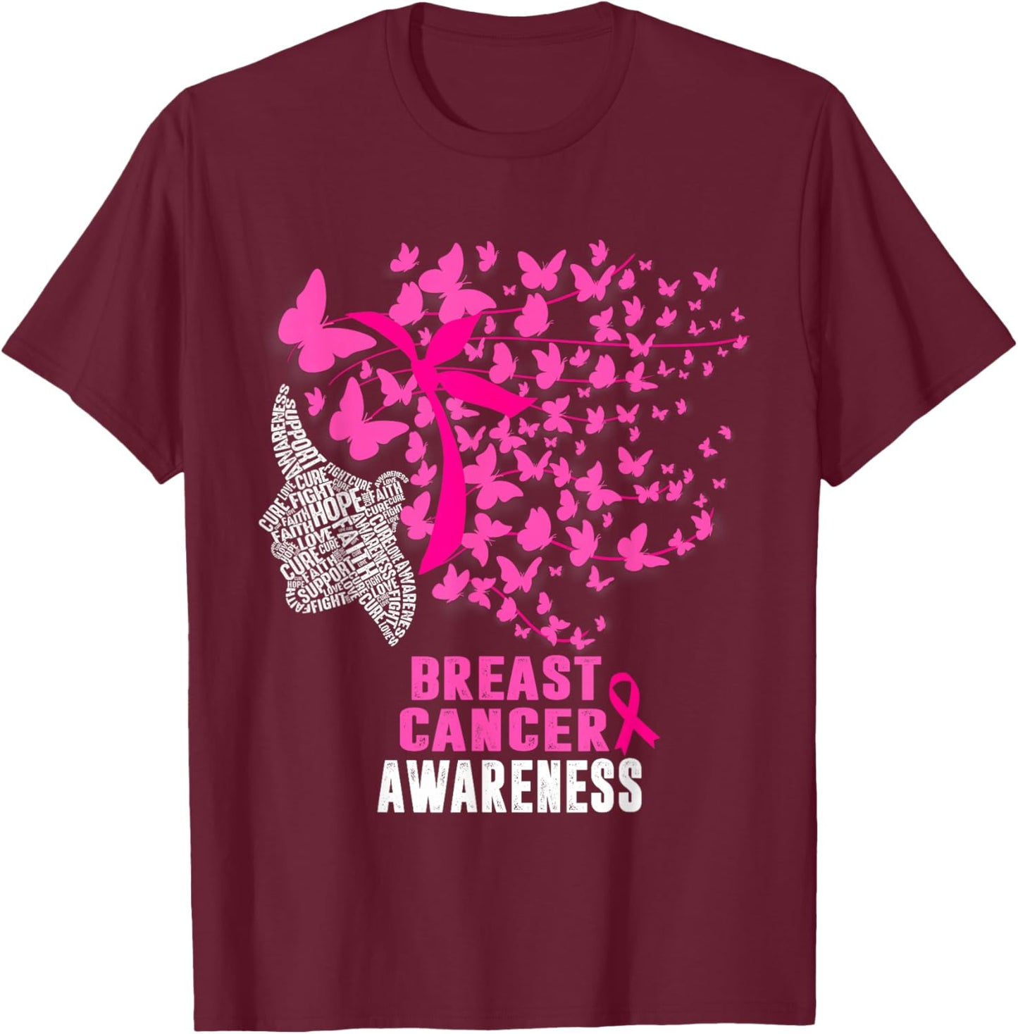 Breast Cancer Awareness Butterfly Pink Ribbon Support T-Shirt - T-Shirt | Maroon