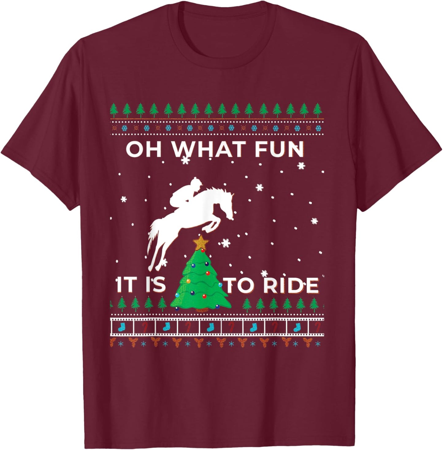 Horse Rider Equestrian Cowboy Ugly Christmas Sweater Jumper T-Shirt - T-Shirt | Maroon