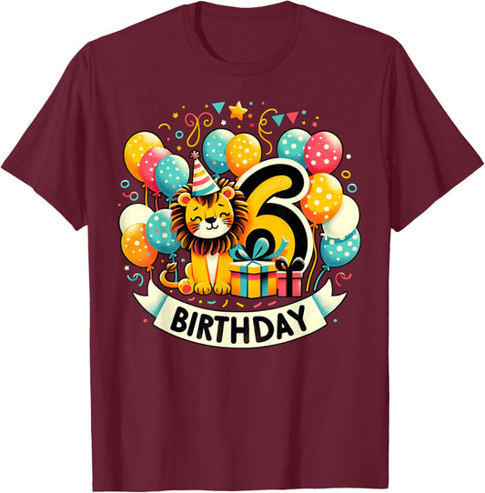 Lion 6th birthday boy girl 6 years old sixth six Lion T-Shirt - T-Shirt | Maroon