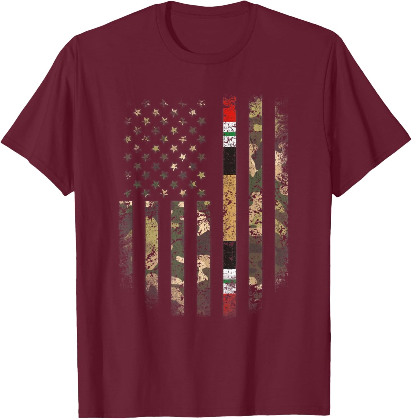 Proud Iraq War Veteran Camo US Flag Ribbon Military Family T-Shirt - T-Shirt | Maroon