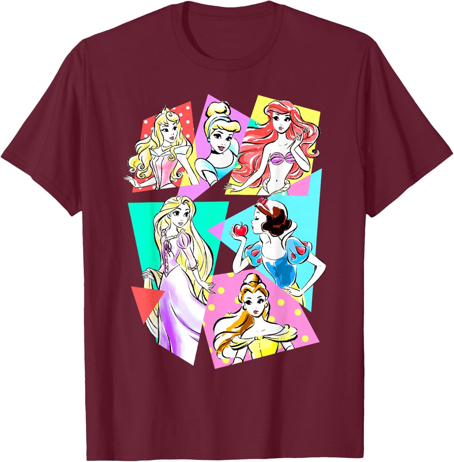 Disney Princesses Neon Pop Art Sketch Graphic T-Shirt - T-Shirt | Maroon