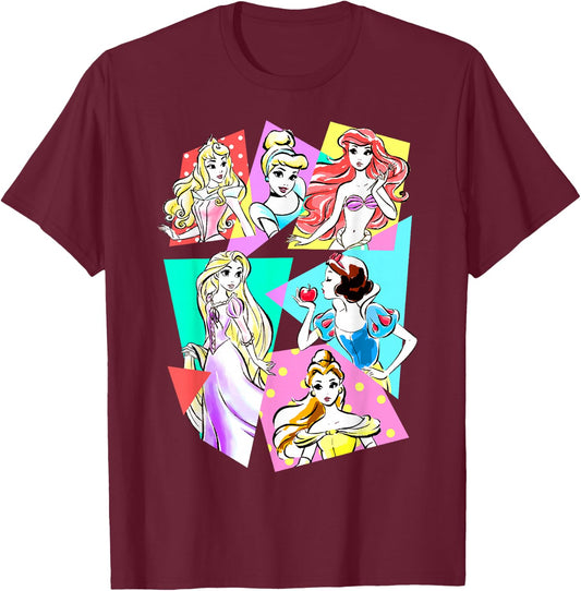 Disney Princesses Neon Pop Art Sketch Graphic T-Shirt - T-Shirt | Maroon
