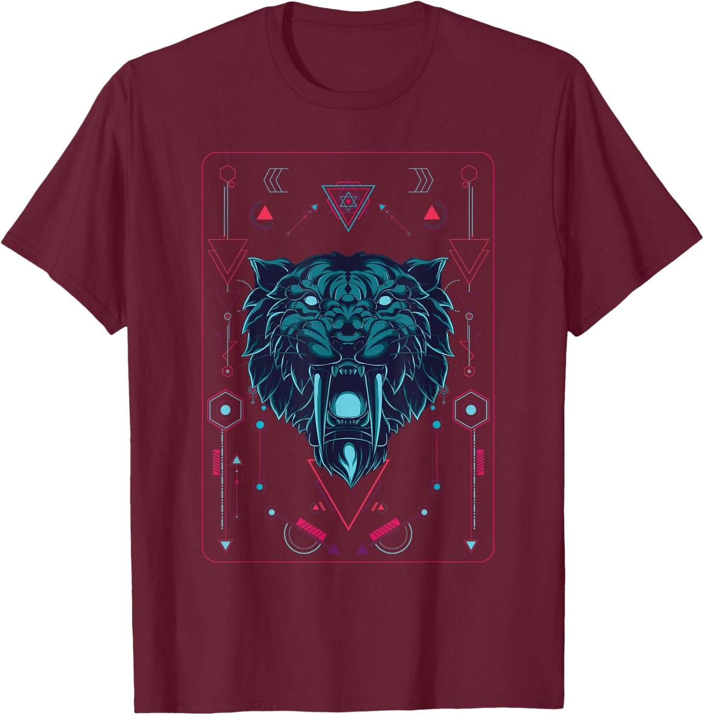 Native American geometric animal sabertooth tiger T-Shirt - T-Shirt | Maroon