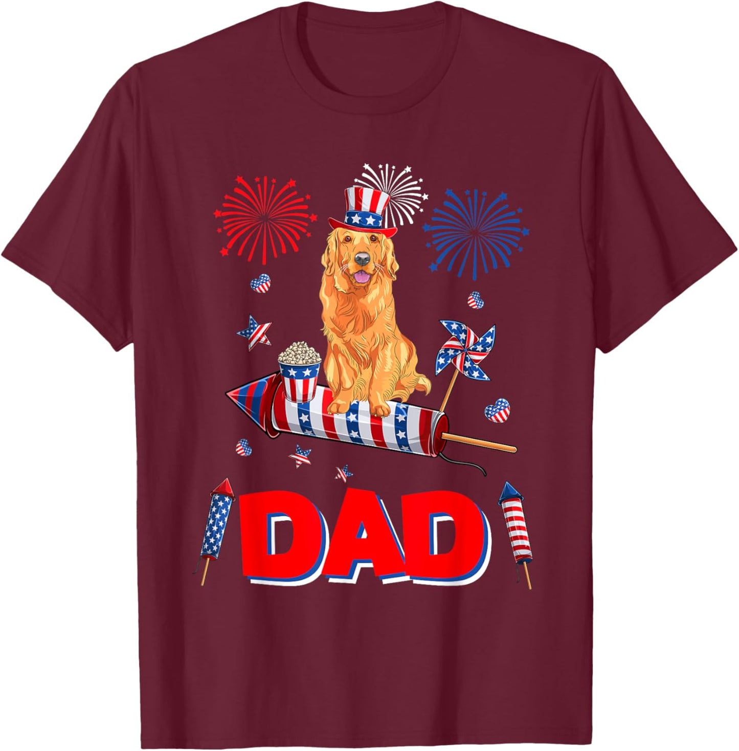 Dad Cute Golden Retriever 4th July American Flag Fireworks T-Shirt - T-Shirt | Maroon