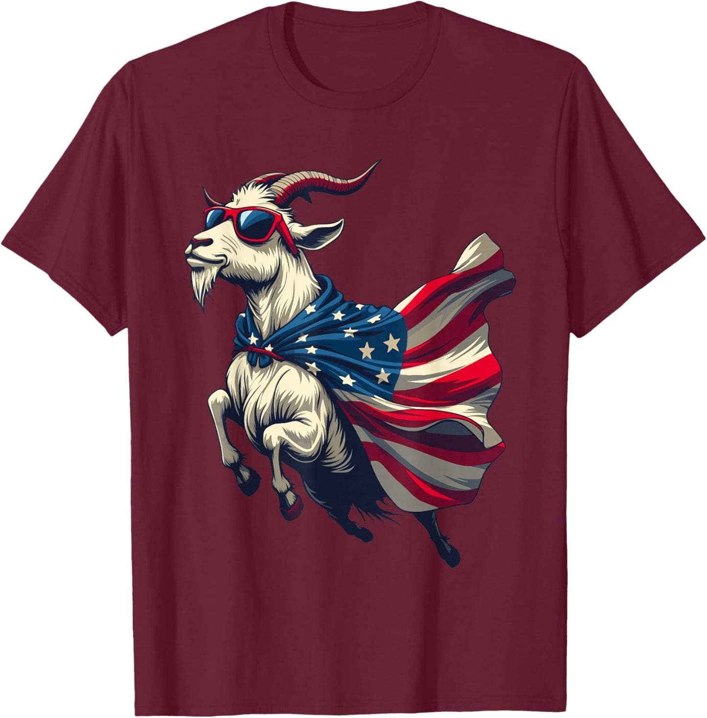 Cool Patriotic Goat in American Flag Cape with Sunglasses T-Shirt - T-Shirt | Maroon