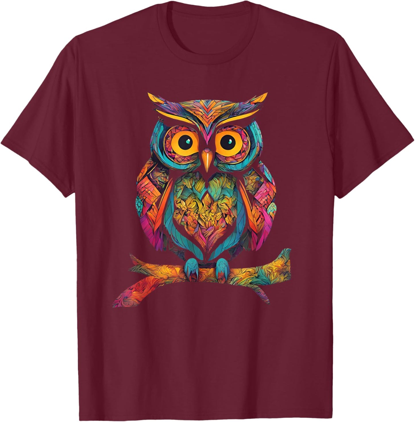 Owl Perched On A Tree Branch Colorful Pattern Owl Lover T-Shirt - T-Shirt | Maroon