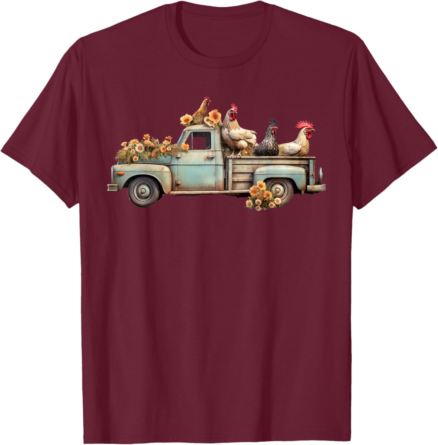 Vintage Chicken Truck Floral Farm Animals Farmer Farming T-Shirt - T-Shirt | Maroon