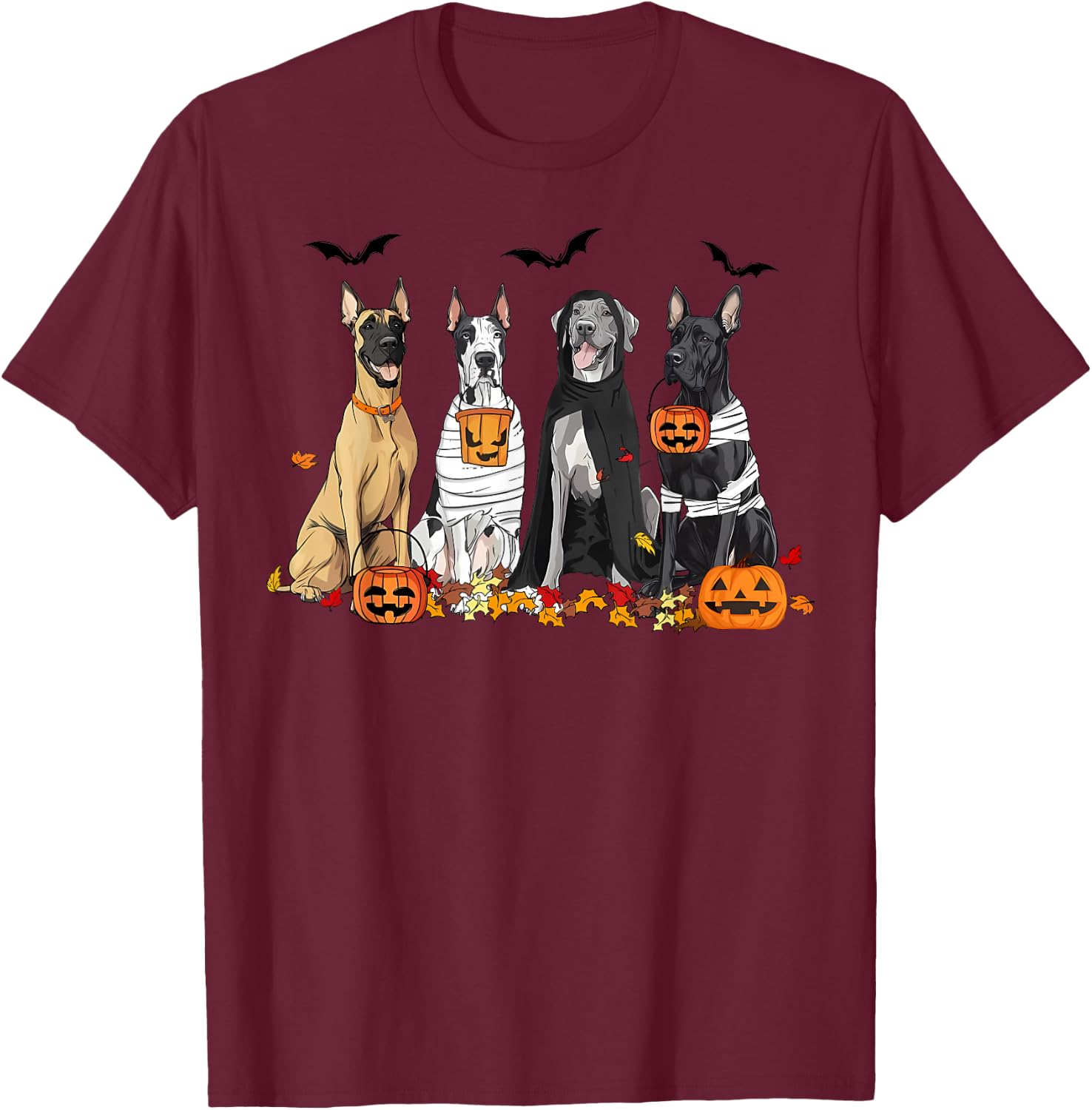 Cute Great Dane Dogs Ghost Witch Mummy Halloween Pumpkins T-Shirt - T-Shirt | Maroon