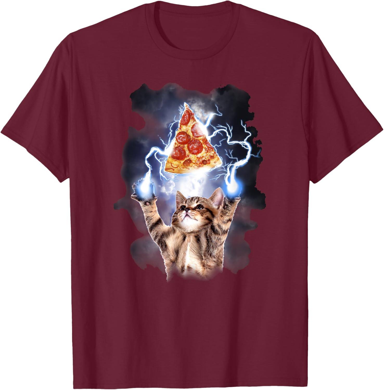 Lightning Pizza Cat T-Shirt - T-Shirt | Maroon