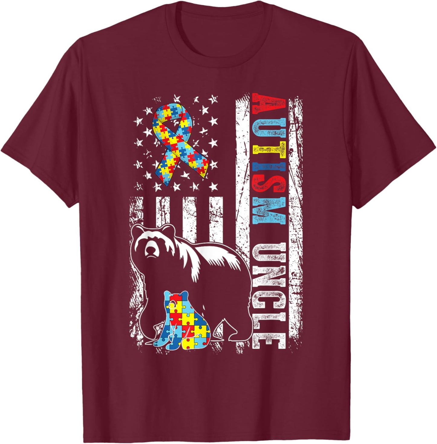 Autism Uncle Bear With Puzzles & USA Flag Distressed T-Shirt - T-Shirt | Maroon