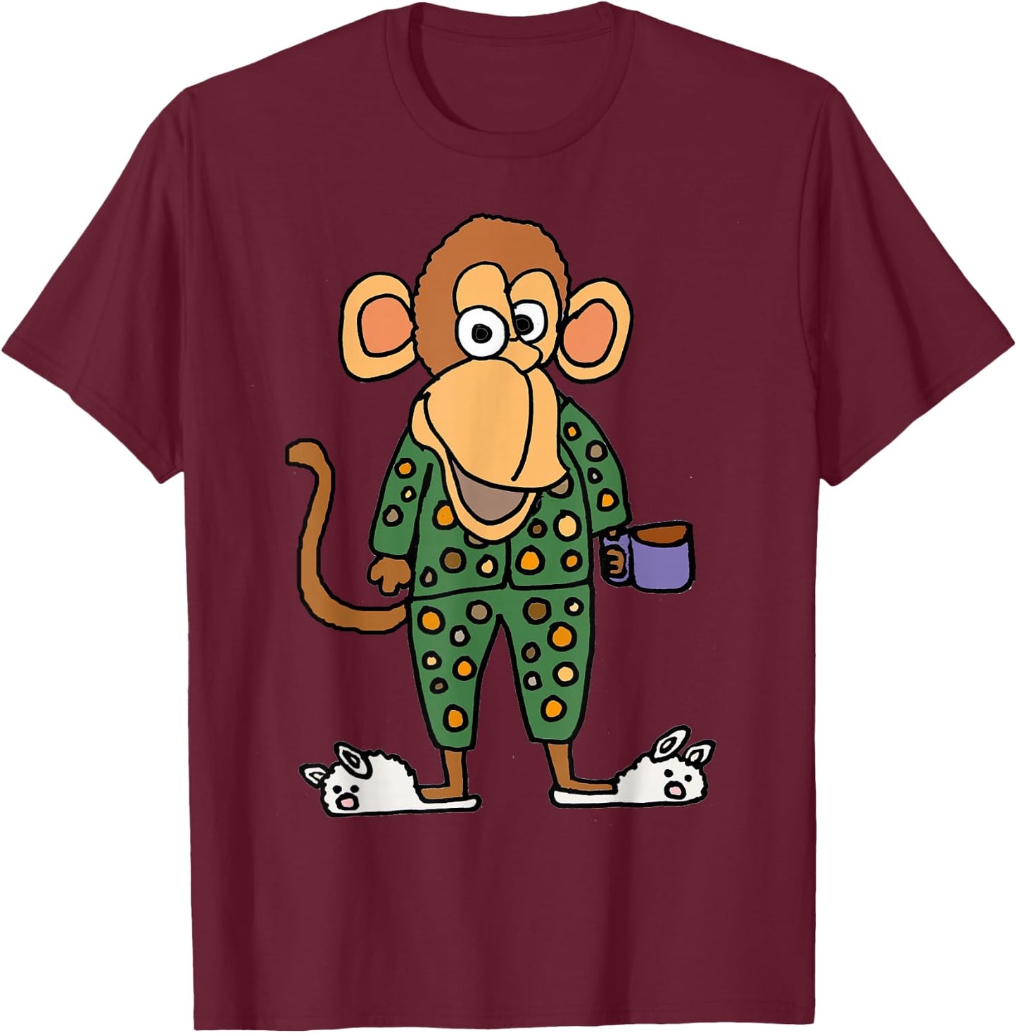 Smilealotteesa Funny Monkey in Pajamas Cartoon T-Shirt - T-Shirt | Maroon