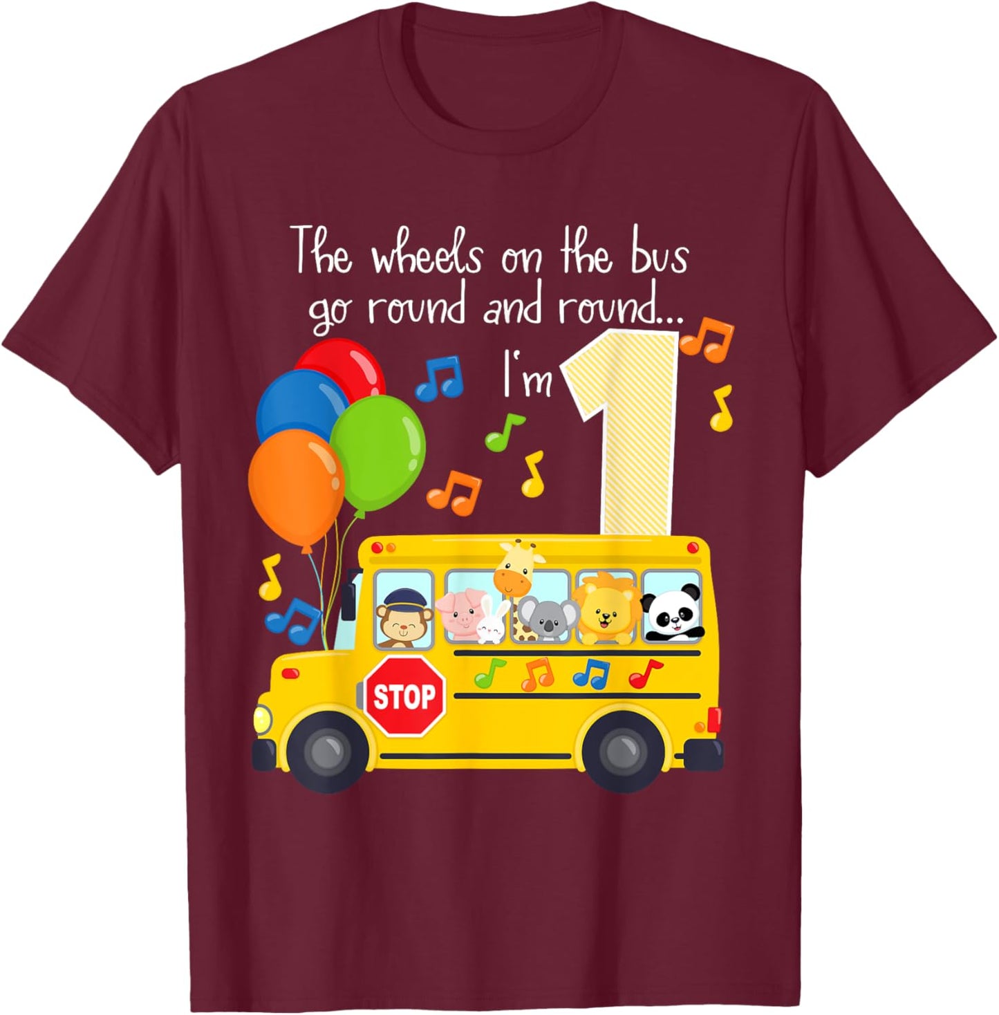 The Wheels On The Bus 1st Birthday 1 Yr Old Family Matching T-Shirt - T-Shirt | Maroon