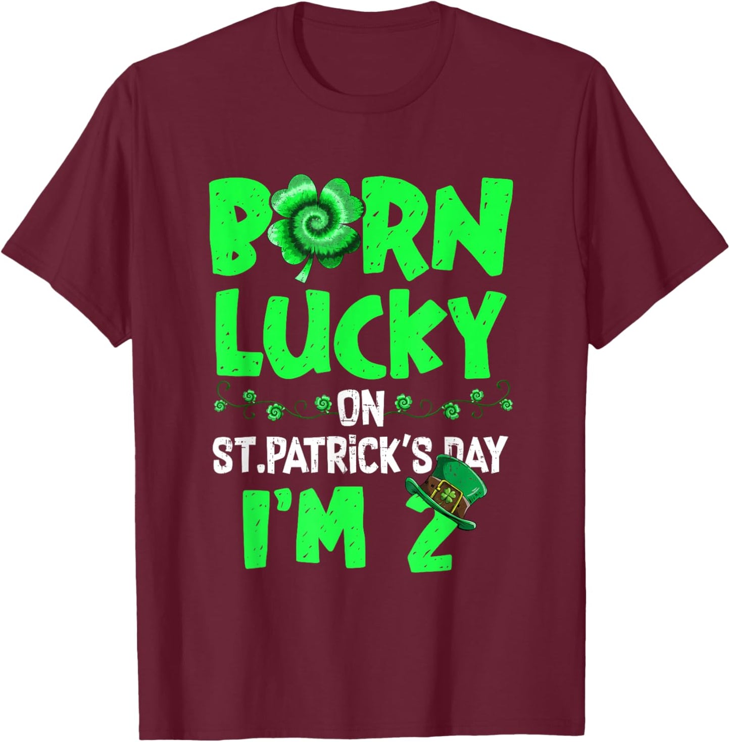 St Patricks Day 2th Birthday Boy Girl 2 Years Old Boys Kids T-Shirt - T-Shirt | Maroon