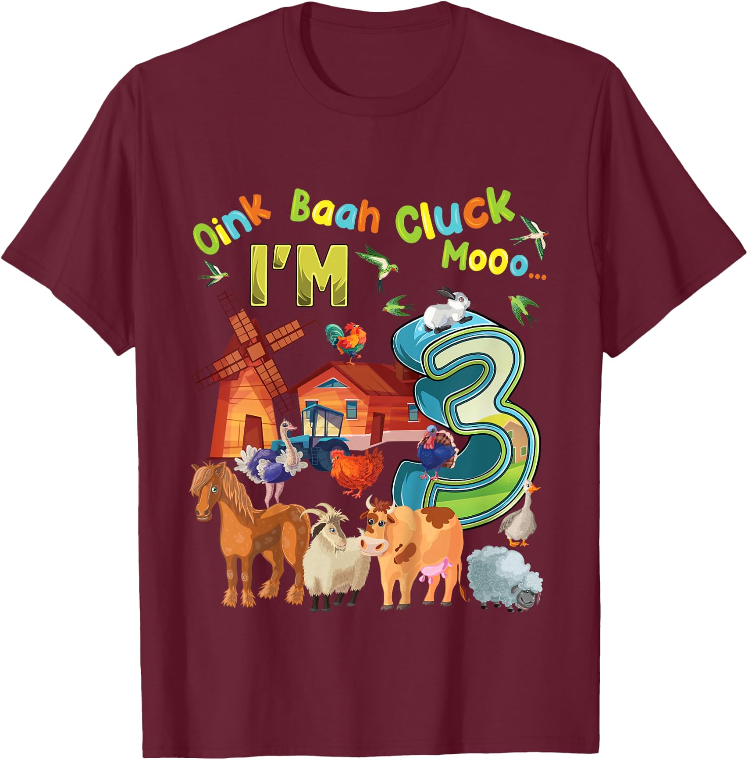 Barnyard 3rd Birthday Farm Animals 3 Years Old Farming T-Shirt - T-Shirt | Maroon