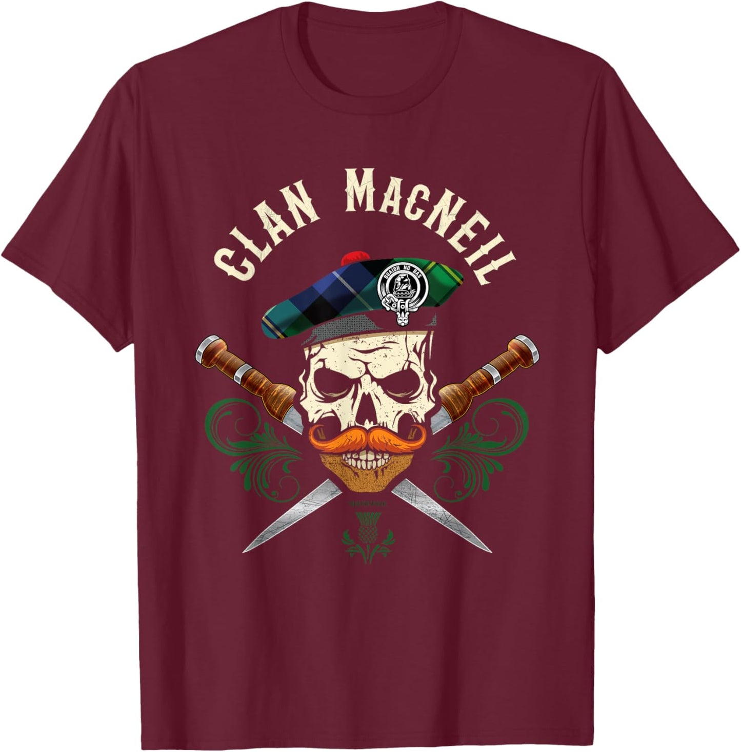 Scottish Clan MacNeil Surname Skull Dirks Tartan Badge T-Shirt - T-Shirt | Maroon