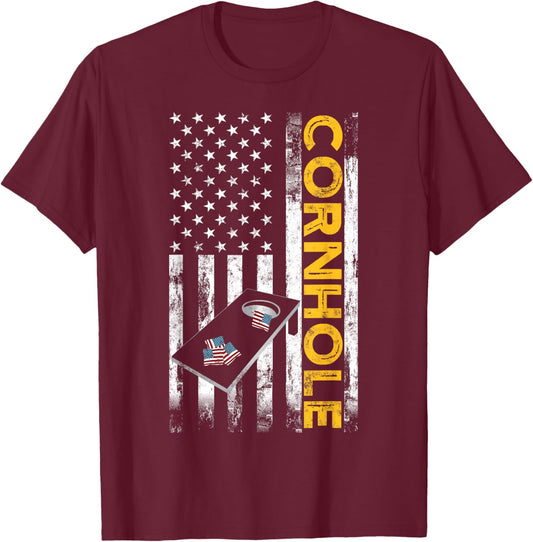 Patriotic Cornhole Player USA American flag Corn hole lover T-Shirt - T-Shirt | Maroon