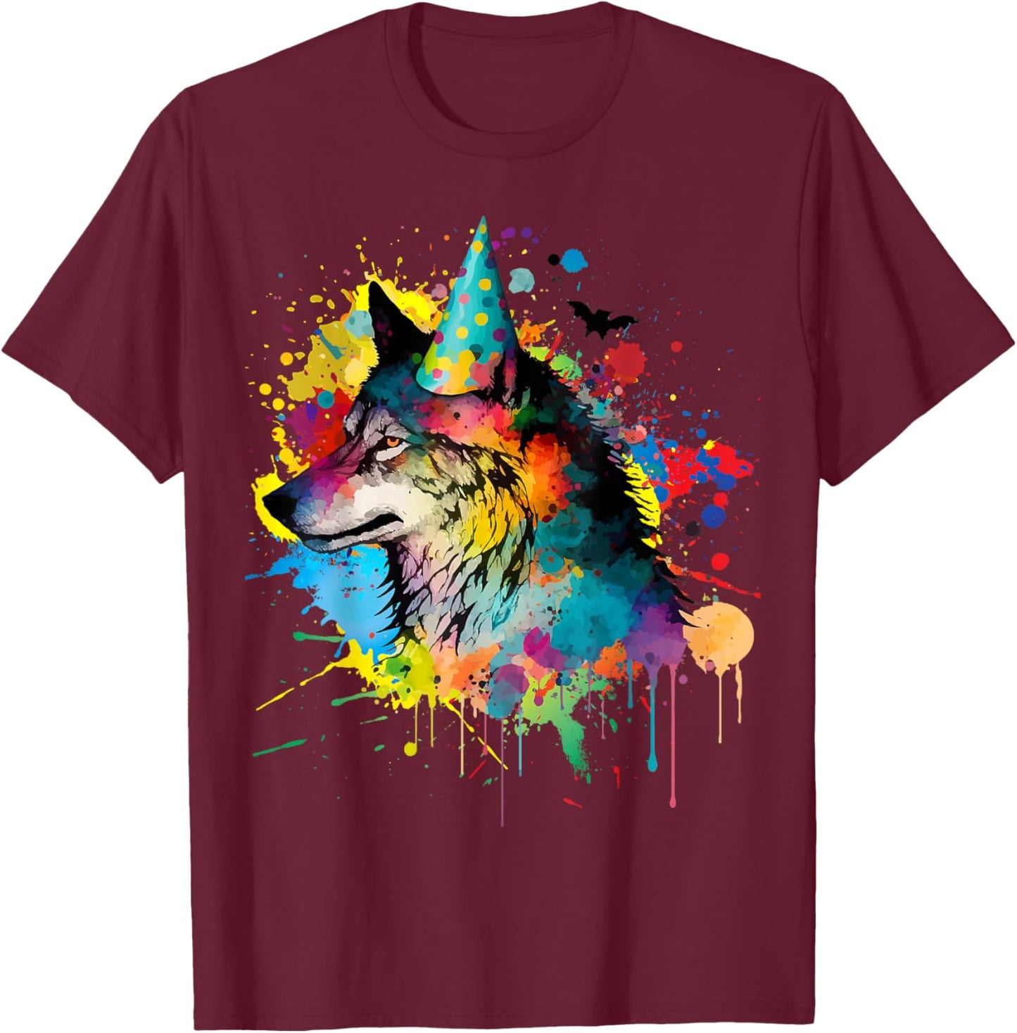Wolf Birthday Hat Themed Party Wolves Painting Wolf Lover T-Shirt - T-Shirt | Maroon