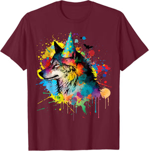Wolf Birthday Hat Themed Party Wolves Painting Wolf Lover T-Shirt - T-Shirt | Maroon