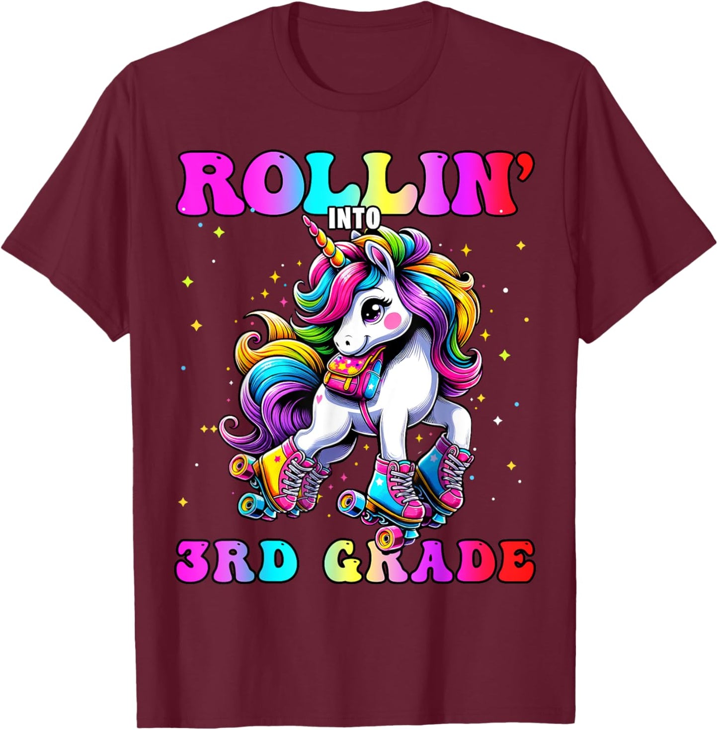 3rd Grade Back To School First Day Girl Rollin Unicorn T-Shirt - T-Shirt | Maroon