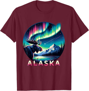 Alaska Northern Lights Aurora Viewing Alaska Vacation Moose T-Shirt - T-Shirt | Maroon