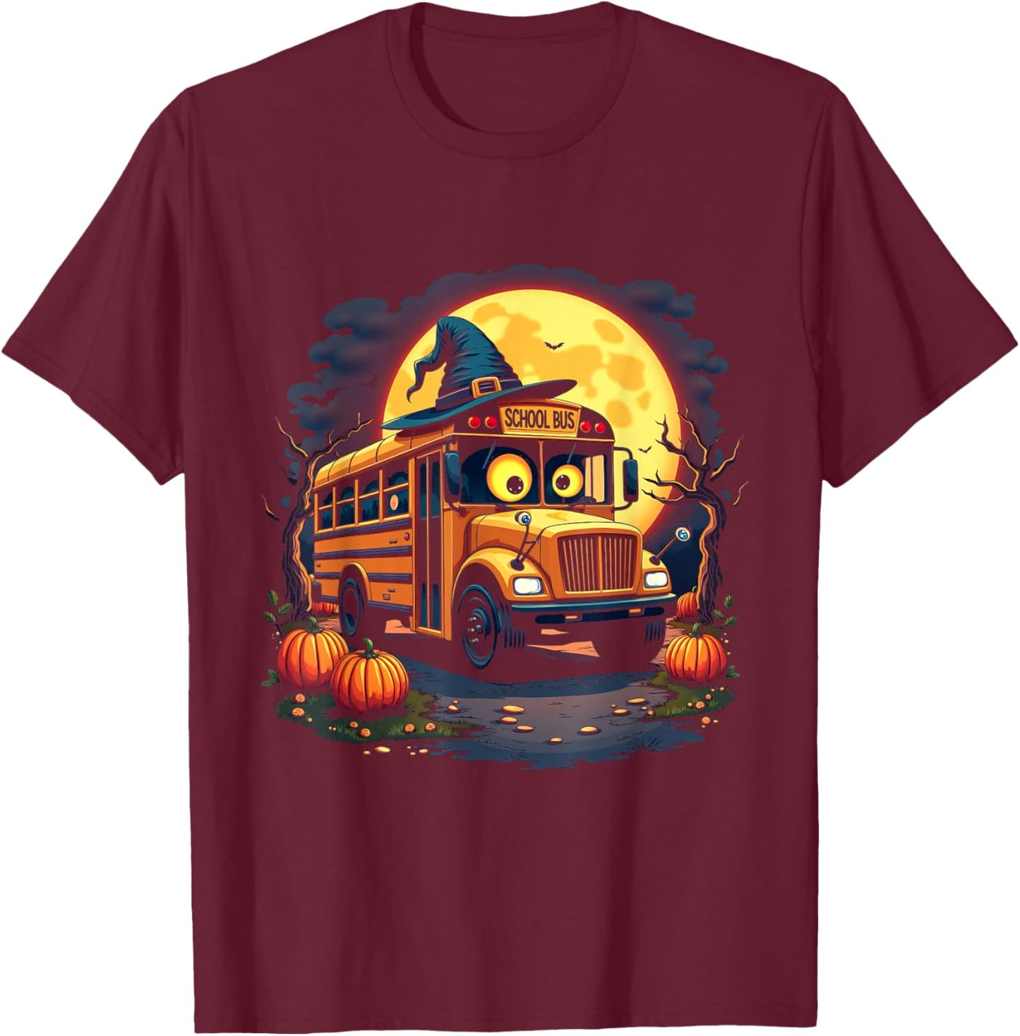 Halloween School Bus with Witch Hat and Pumpkins Spooky T-Shirt - T-Shirt | Maroon