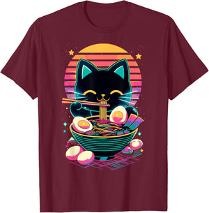 Anime Cat Eating Ramen Japanese Ramen Cat Japan T-Shirt - T-Shirt | Maroon