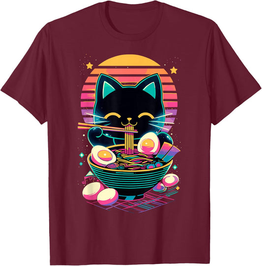 Anime Cat Eating Ramen Japanese Ramen Cat Japan T-Shirt - T-Shirt | Maroon