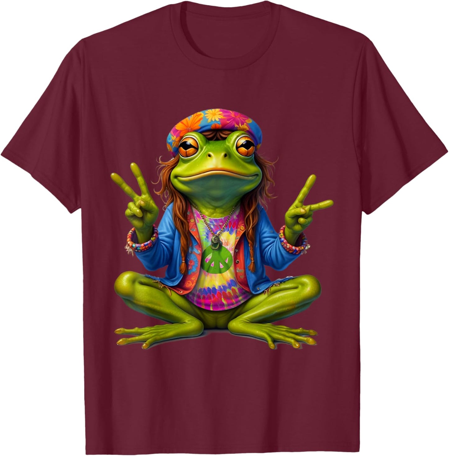 Tie-Dye Frog Peace Sign 60s 70s Hippie Men Women T-Shirt - T-Shirt | Maroon